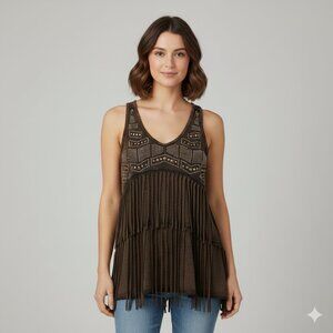 NEW T PARTY Fringe Rhinestone Embellished Sleeveless Tank Washed Brown Size S